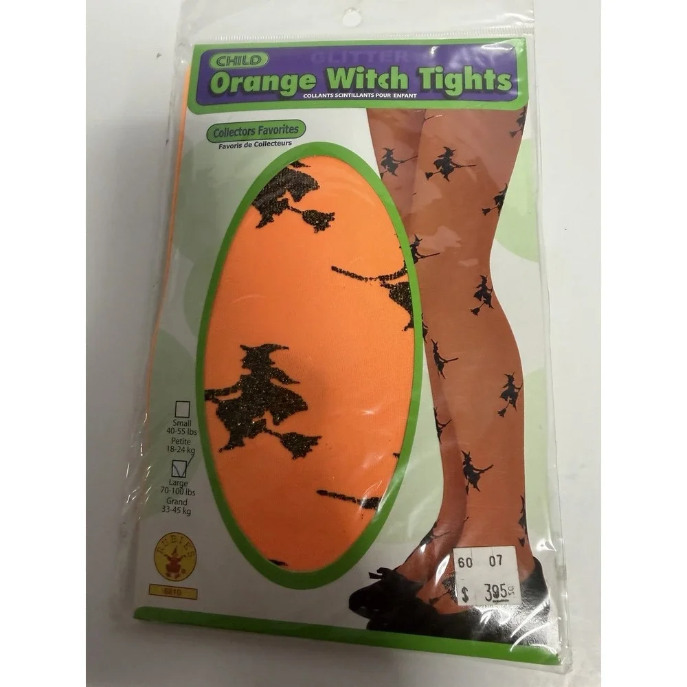 Girls Orange With Black Witches On A Broom Print Tights Size L Halloween H -3